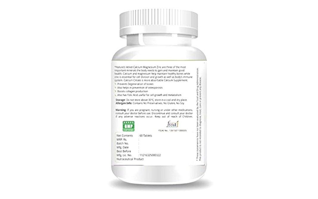 Nature's Velvet Calcium Magnesium Zinc with Vitamin D3   Bottle  60 pcs